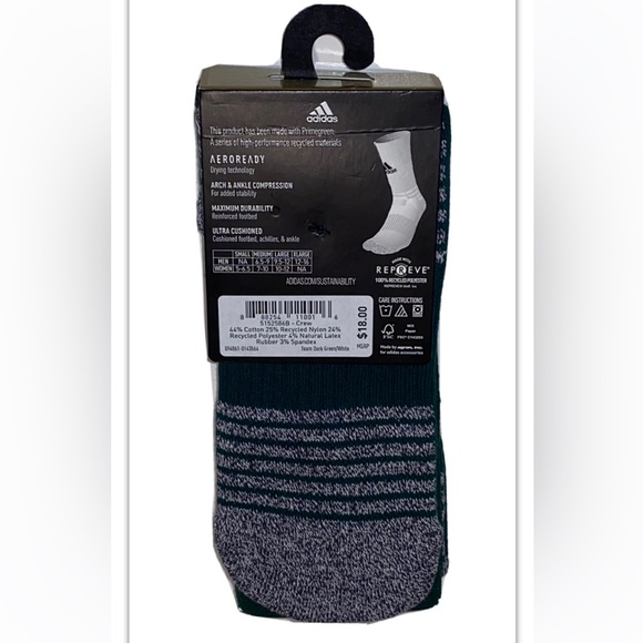 Adidas 5 Star Team Crew Socks 1 Pair Men 6.5-9 WMN 7-10 Green w White Logo Cushi - Picture 5 of 10